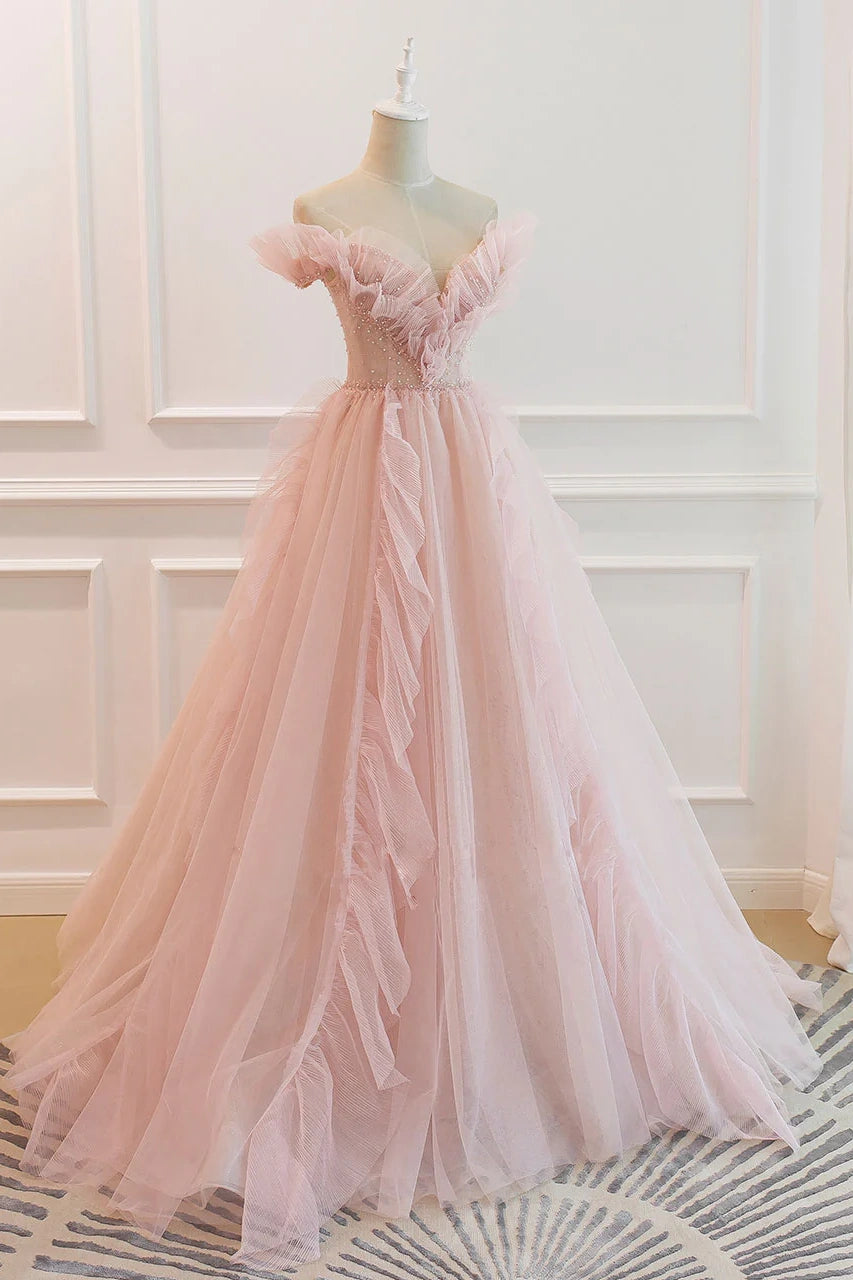 Pink Tulle A-Line Off-Shoulder Ruffle Long Prom Dress
