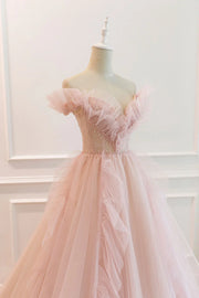 Pink Tulle A-Line Off-Shoulder Ruffle Long Prom Dress