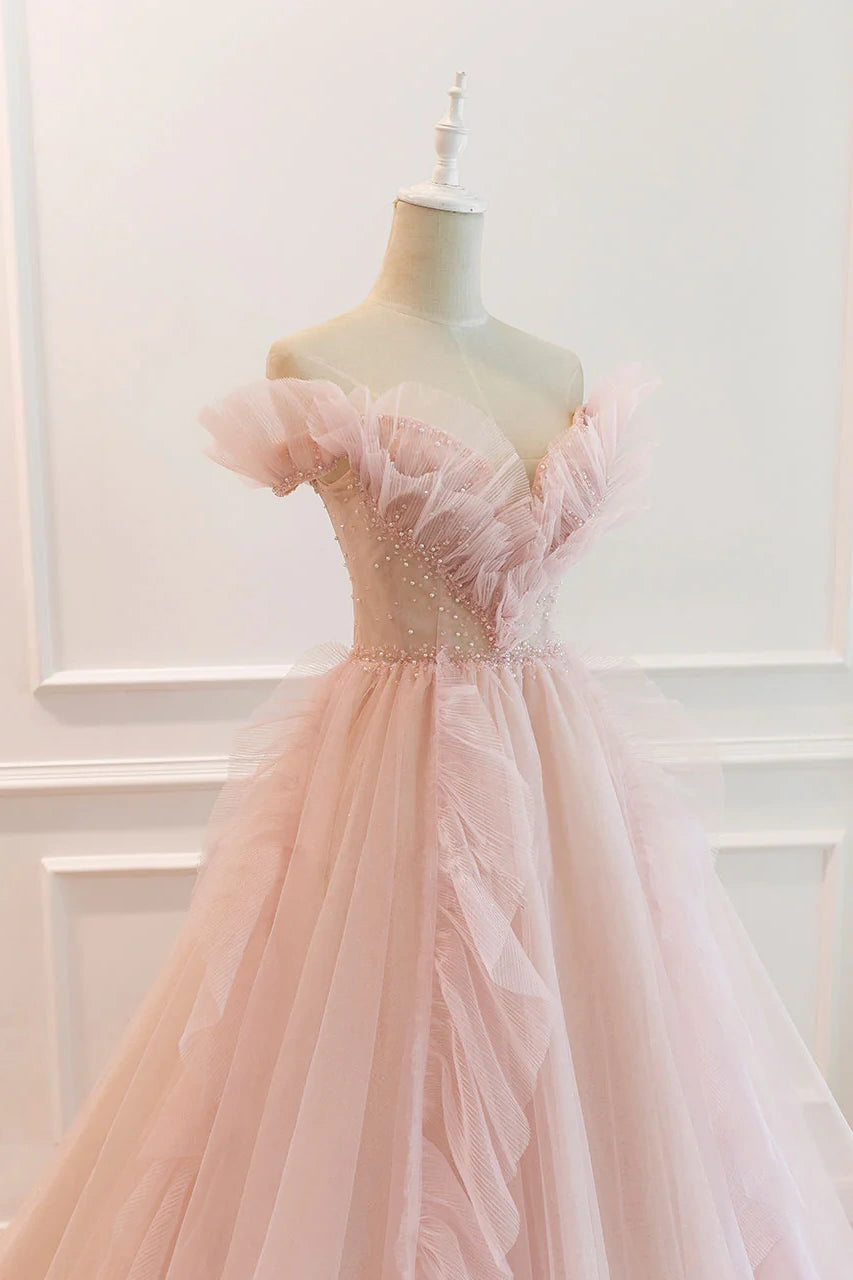 Pink Tulle A-Line Off-Shoulder Ruffle Long Prom Dress