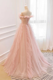 Pink Tulle A-Line Off-Shoulder Ruffle Long Prom Dress