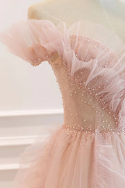 Pink Tulle A-Line Off-Shoulder Ruffle Long Prom Dress