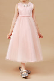 Pink Tulle A-Line Round Sleeveless Flower Girl Dress