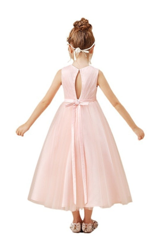 Pink Tulle A-Line Round Sleeveless Flower Girl Dress