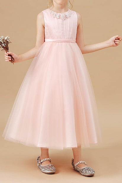 Pink Tulle A-Line Round Sleeveless Flower Girl Dress