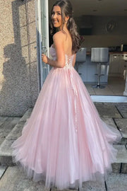 Pink Tulle A-Line Sweetheart Strapless Appliques Prom Dress