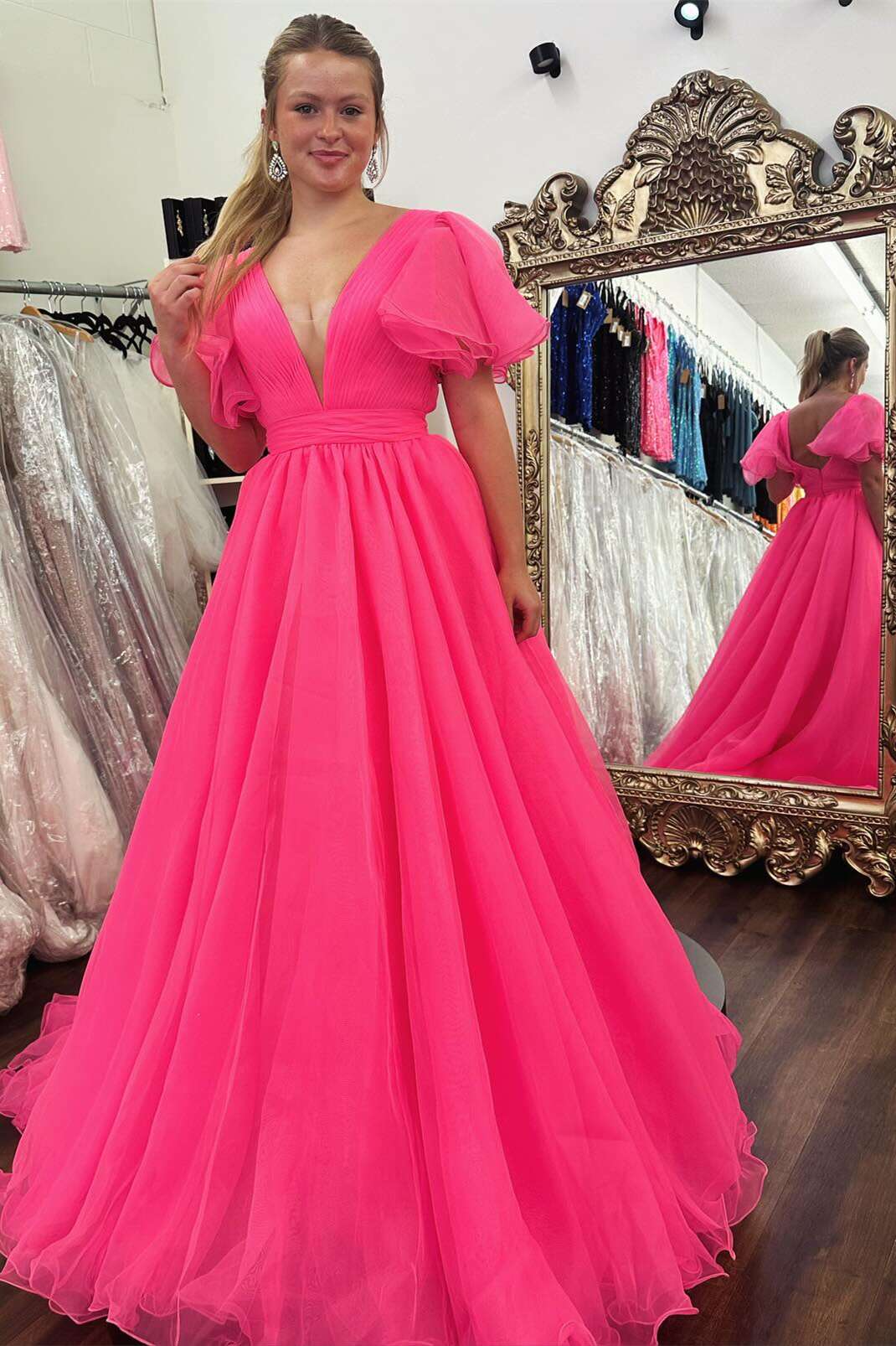 Pink Tulle A-Line V-Neck Short Sleeves Party Prom Dress