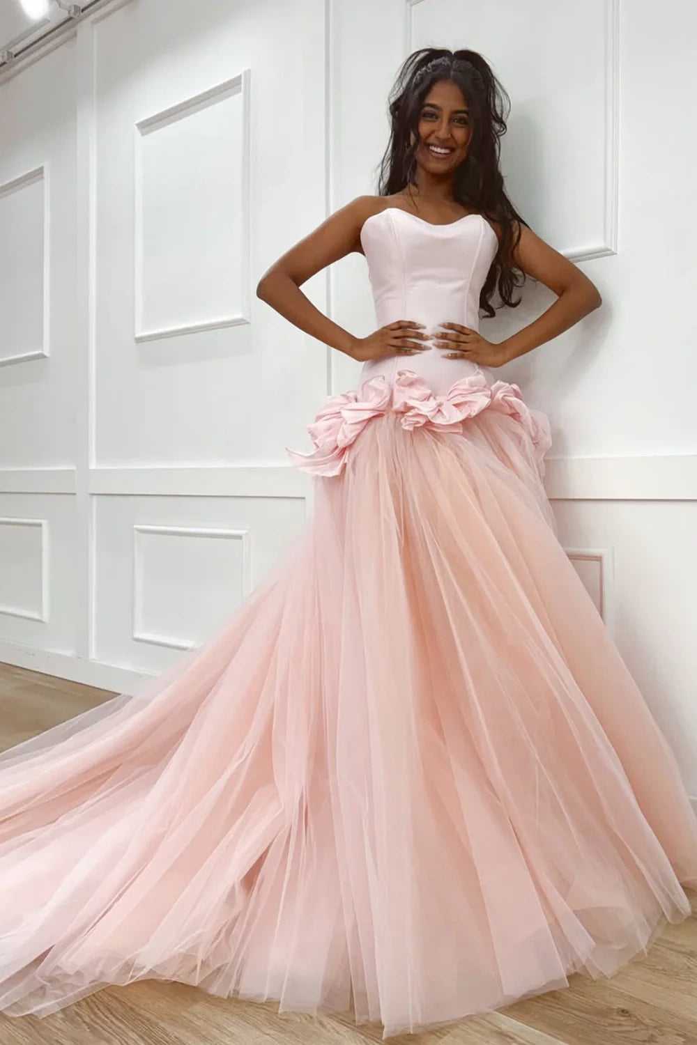 Pink Two Tone Sweetheart Strapless A-Line Party Prom Dress With Train