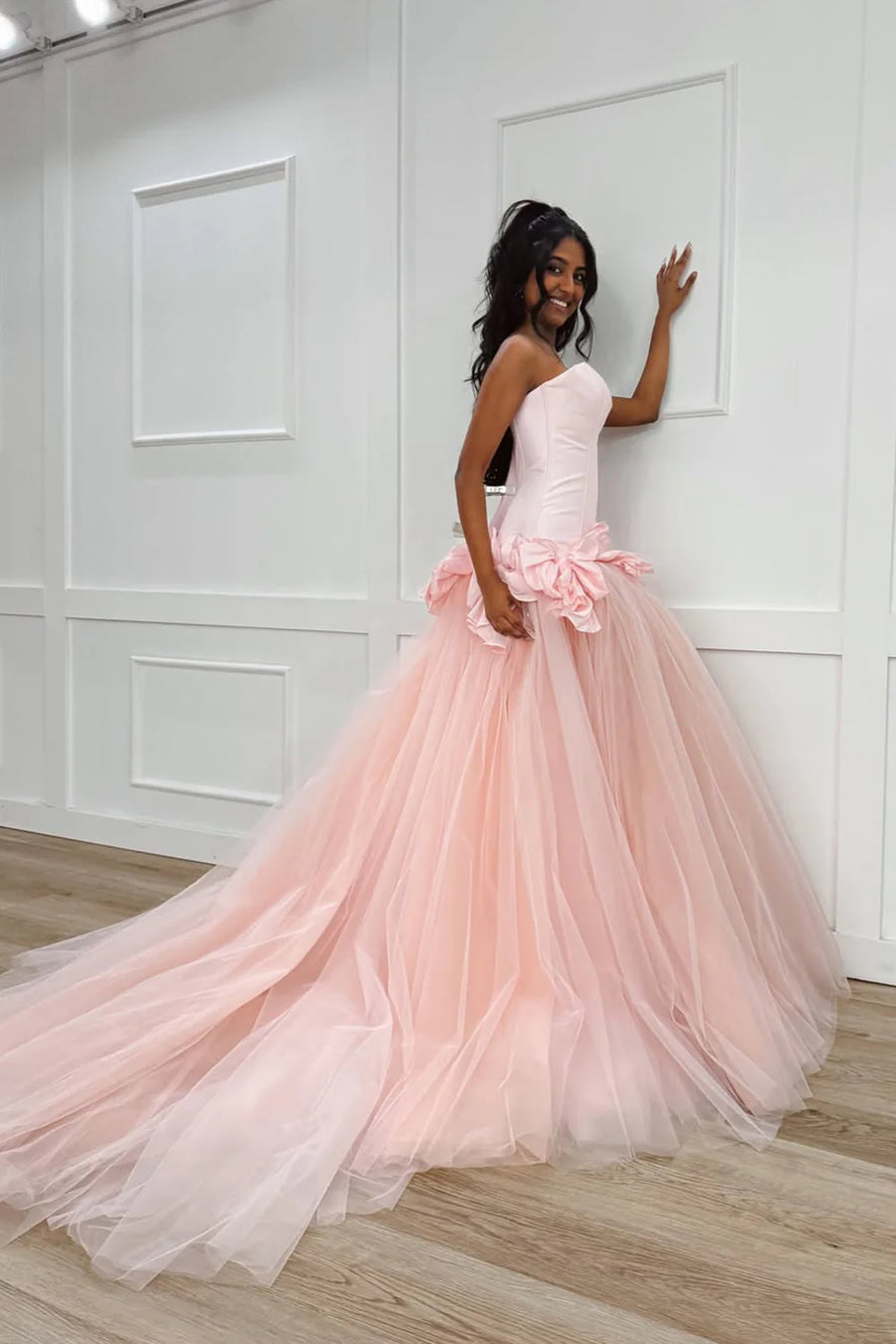 Pink Two Tone Sweetheart Strapless A-Line Party Prom Dress With Train