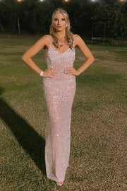 Pink V-Neck Backless Fitted Bodycon Sequin Party Prom Dress 