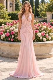 Pink V-Neck Halter Lace And Chiffon Mermaid Long Party Prom Dress