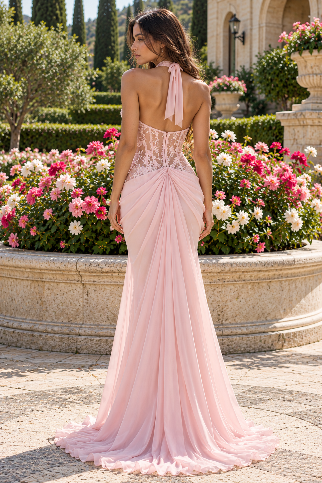 Pink V-Neck Halter Lace And Chiffon Mermaid Long Party Prom Dress