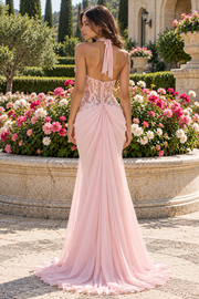 Pink V-Neck Halter Lace And Chiffon Mermaid Long Party Prom Dress