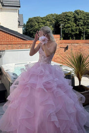 Pink V-Neck Lace Appliques Tiered Tulle A-Line Formal Prom Gown