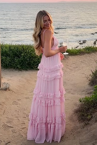 Pink V-Neck Sleeveless A-Line Ruffled Party Prom Dress