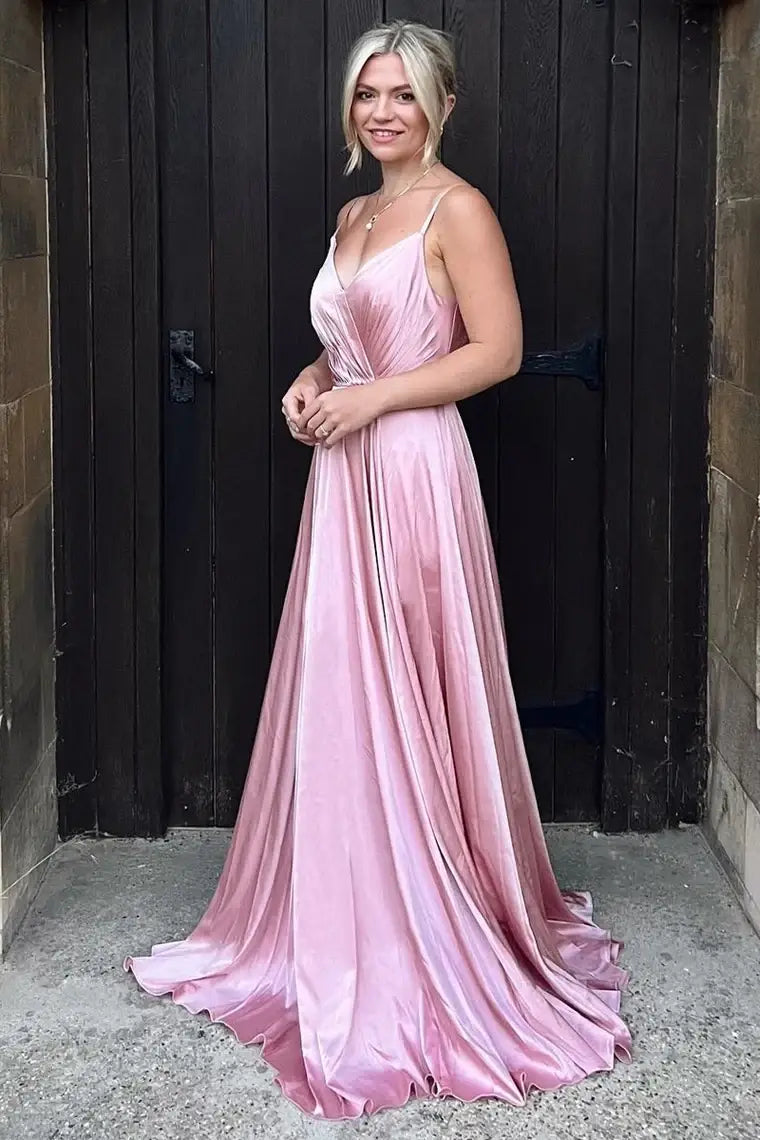 Pink V-Neck Sleeveless Satin A-Line Bridesmaid Dress