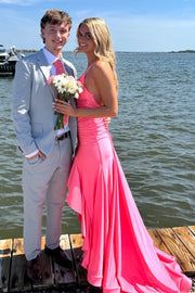 Pink V-Neck Spaghetti Straps Backless Ruffle Slit Mermaid Party Prom Dress