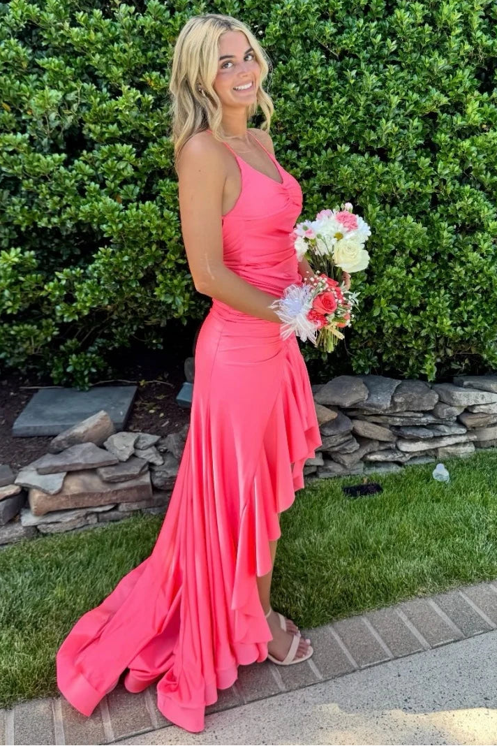 Pink V-Neck Spaghetti Straps Backless Ruffle Slit Mermaid Party Prom Dress