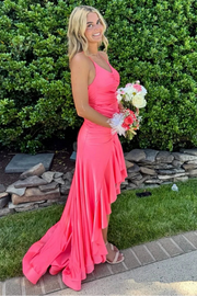 Pink V-Neck Spaghetti Straps Backless Ruffle Slit Mermaid Party Prom Dress