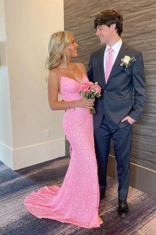 Pink V-Neck Spaghetti Straps Mermaid Sequins Party Prom Dress