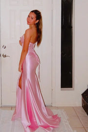 Pink V-Neck Strapless Mermaid Party Prom Dress With Train