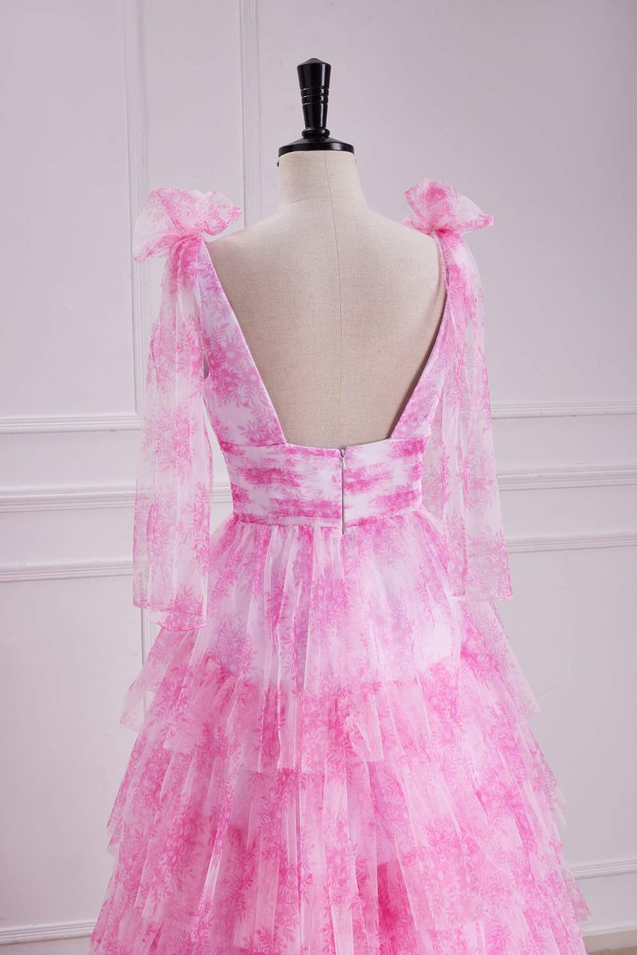 Pink Floral Bow Tie Straps Layers A-line Long Prom Dress with Slit back side close up shot