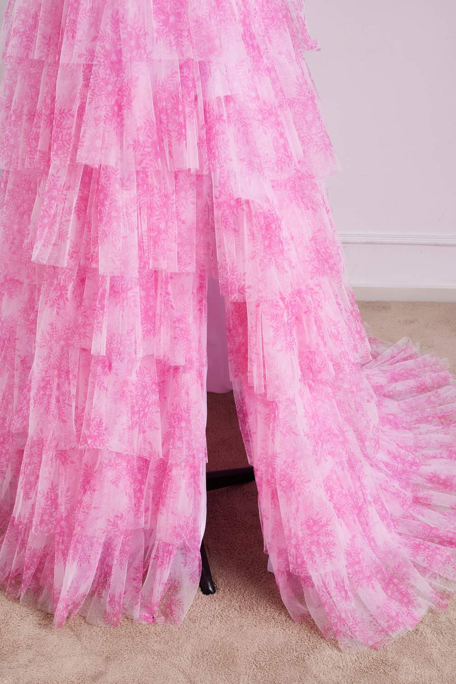 Pink Floral Bow Tie Straps Layers A-line Long Prom Dress with Slit front side bottom part