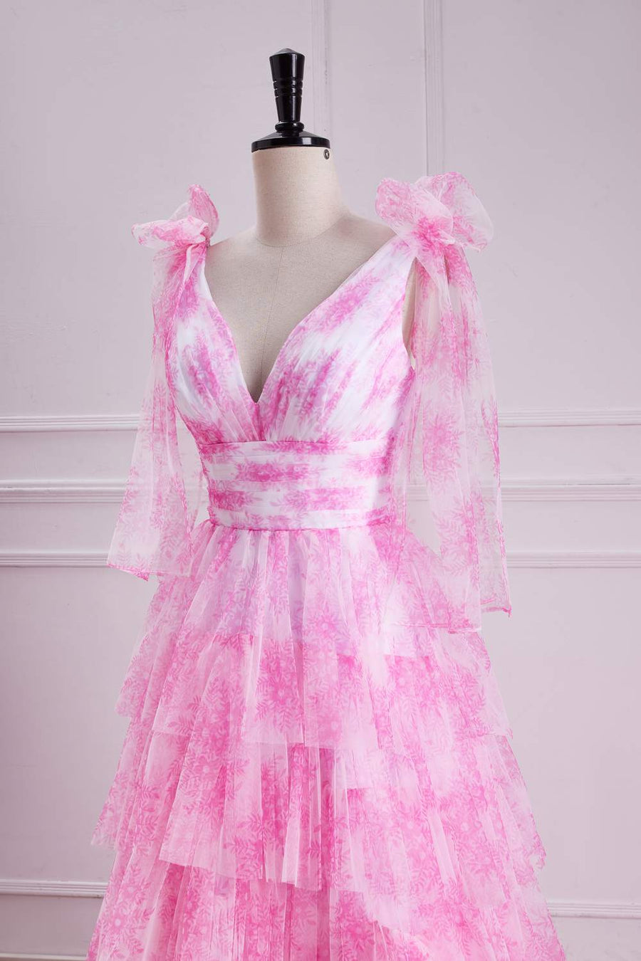 pink floral formal dress Pink Floral Bow Tie Straps Layers A-line Long Prom Dress with Slit