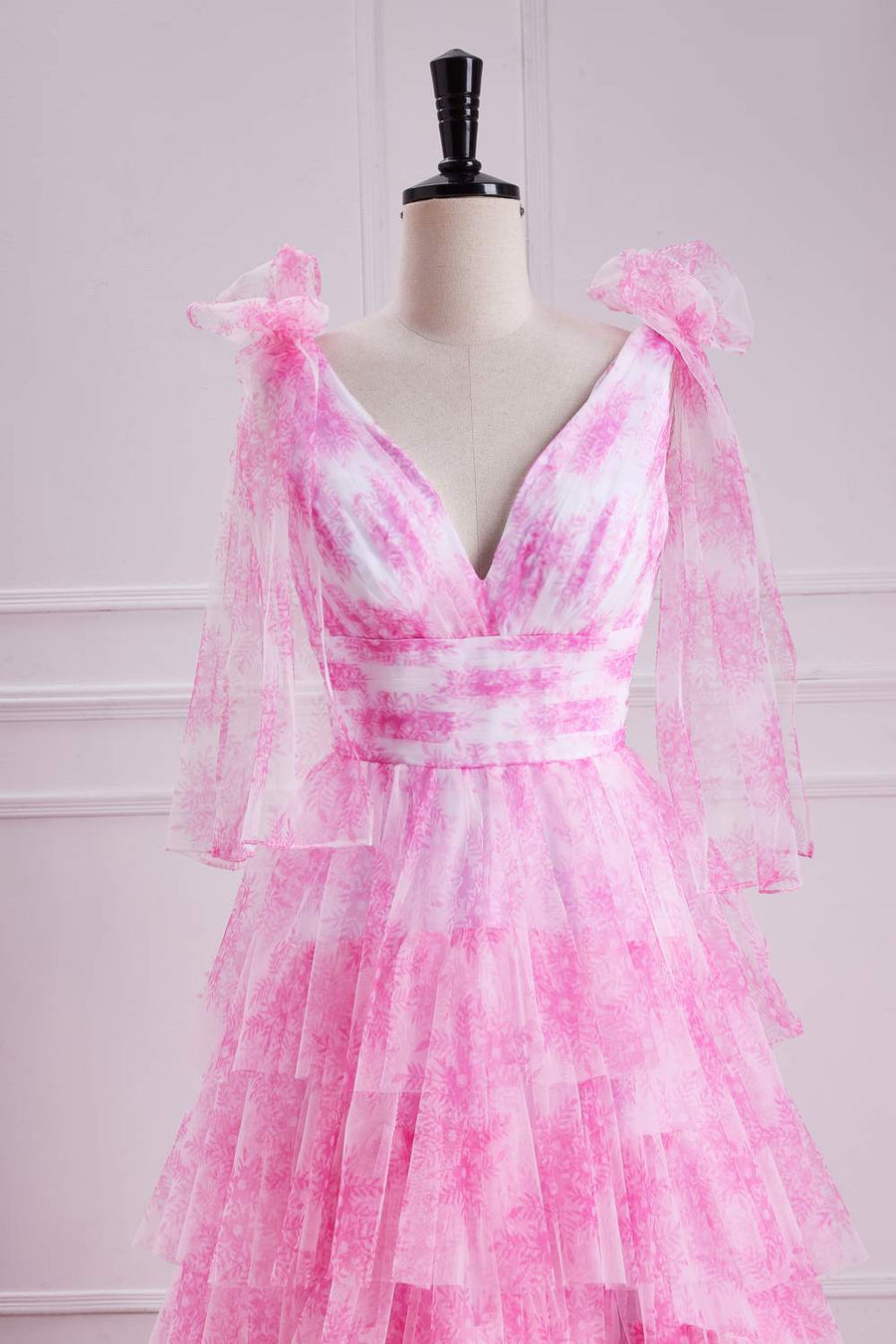 Pink Floral Bow Tie Straps Layers A-line Long Prom Dress with Slit front side top part of the dress