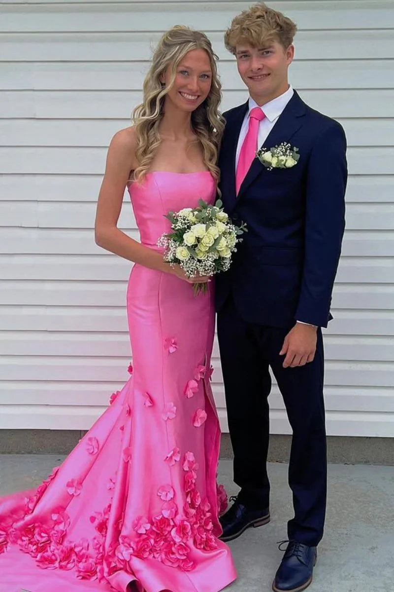 Elegant 3D Florals A-Line Strapless Long Prom Dress