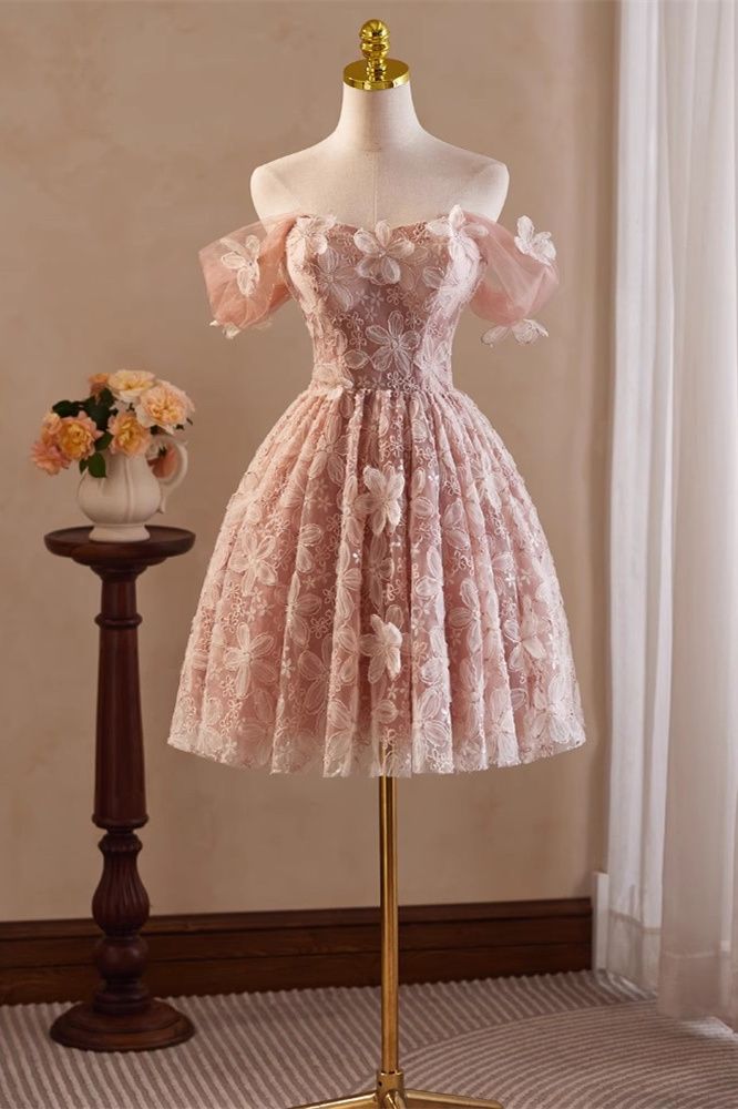 Pink Vintage Off the Shoulder Flower Appliques