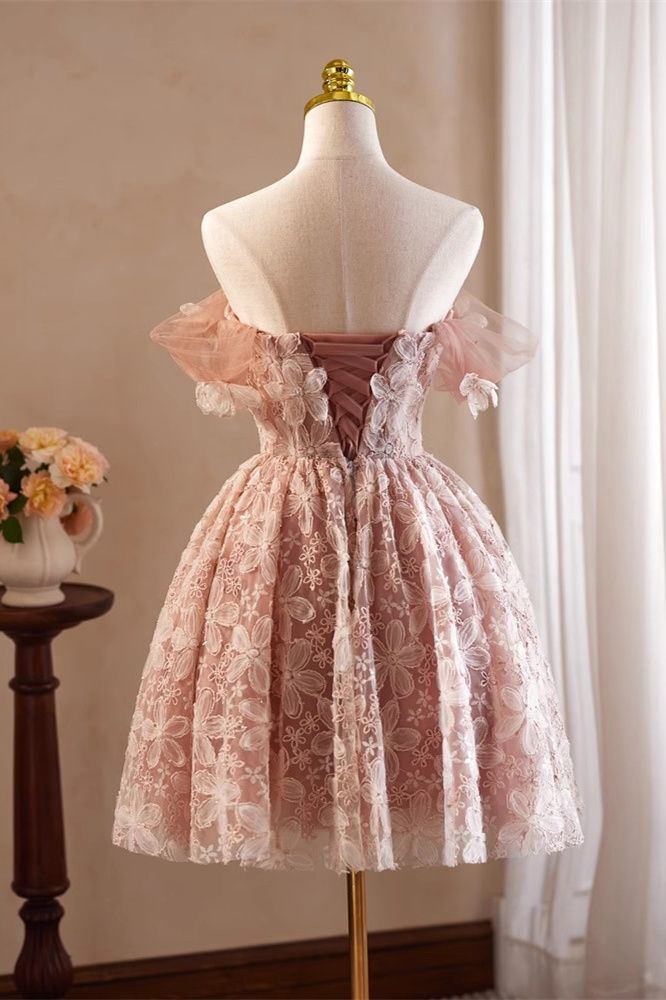 Pink Vintage Off the Shoulder Flower Appliques Back View