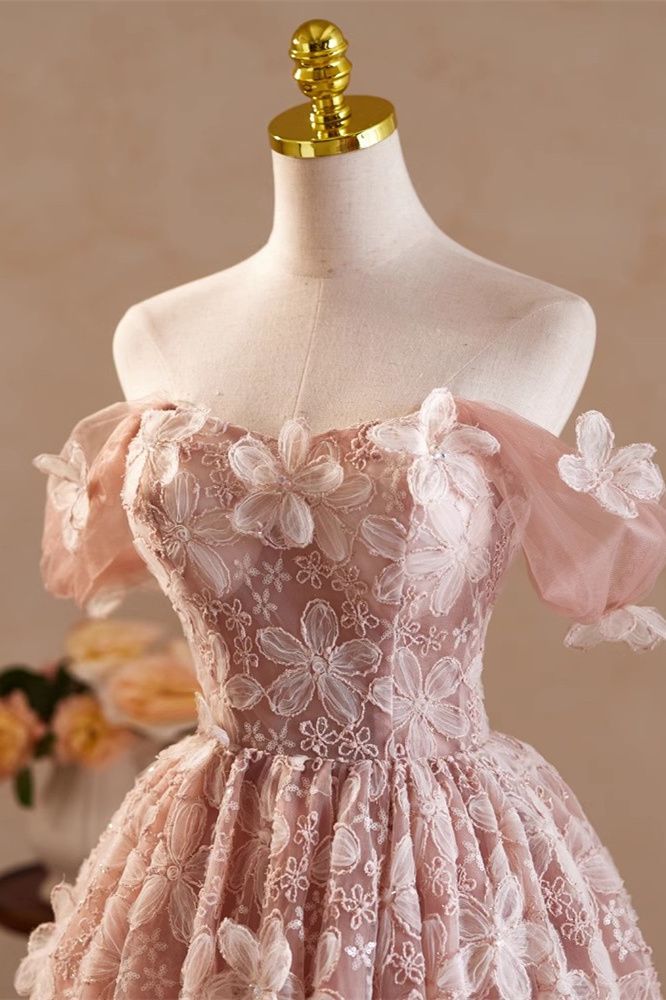 Pink Vintage Off the Shoulder Flower Appliques Front View