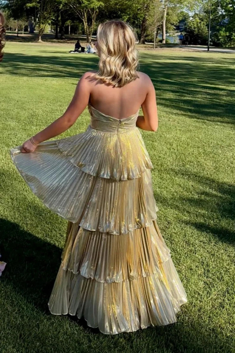 Pleated A-Line Empire Strapless Tiered Split Party Prom Dress