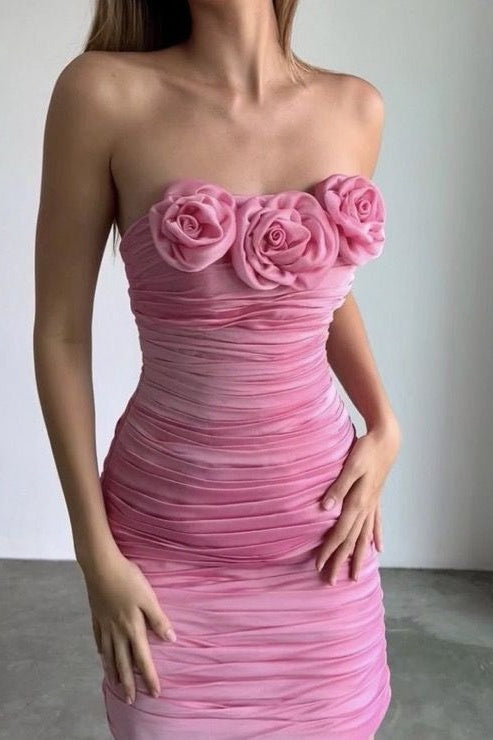 Pleated Fitted 3D Florals Strapless Short Homecoming Party Dress