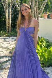 Pleated Satin A-Line Sleeveless Floor-Length Party Prom Dress