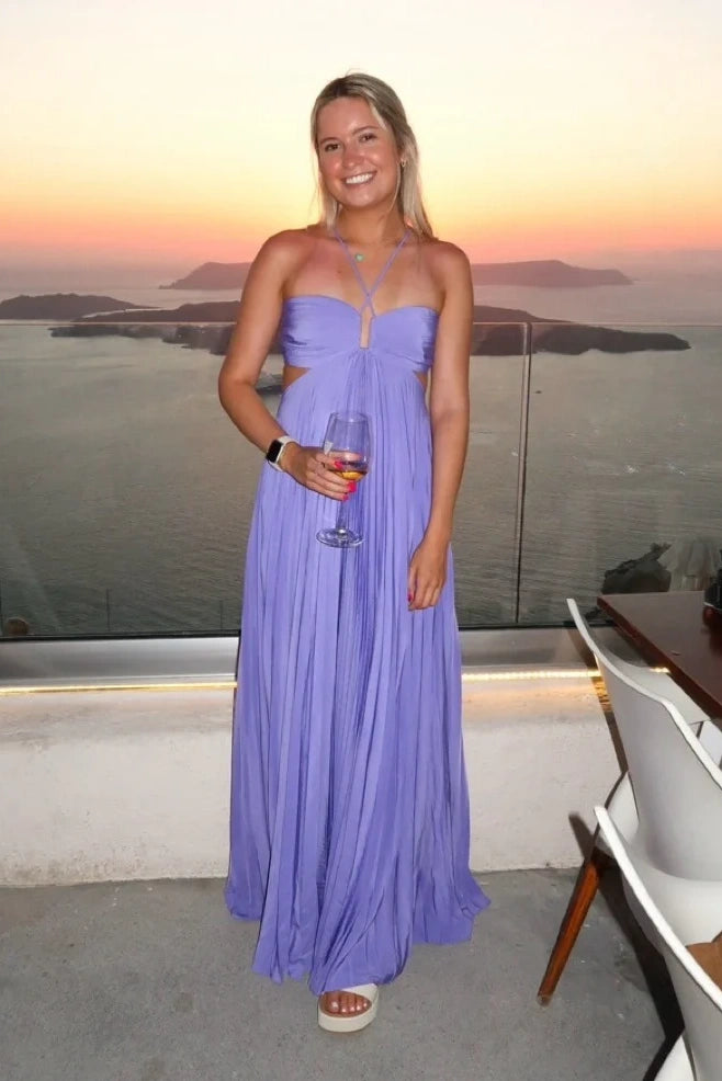 Pleated Satin A-Line Sleeveless Floor-Length Party Prom Dress
