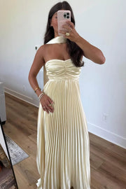 Pleated Satin A-Line Sweetheart Strapless Empire Long Party Prom Dress