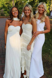 Pleated Satin A-Line Sweetheart Strapless Empire Long Party Prom Dress