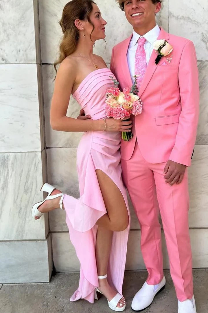 Pleated Strapless Satin Fitted Ruffle Party Prom Dress