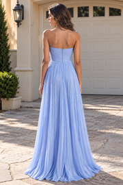 Pleated Sweetheart Strapless A-Line Satin Long Party Prom Dress