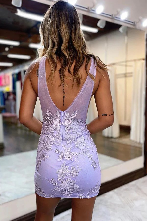 Plunging V-Neck Lavender Straps Appliques Illusion Homecoming Dress