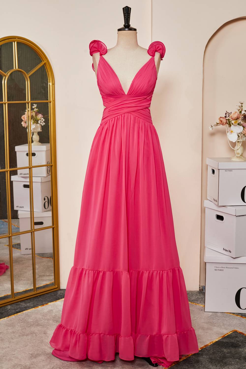 Rose Pink Ruffled Straps Lace-Up Plunging V Long Prom Dress