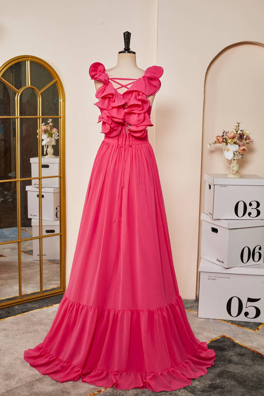 Rose Pink Ruffled Straps Lace-Up Plunging V Long Prom Dress