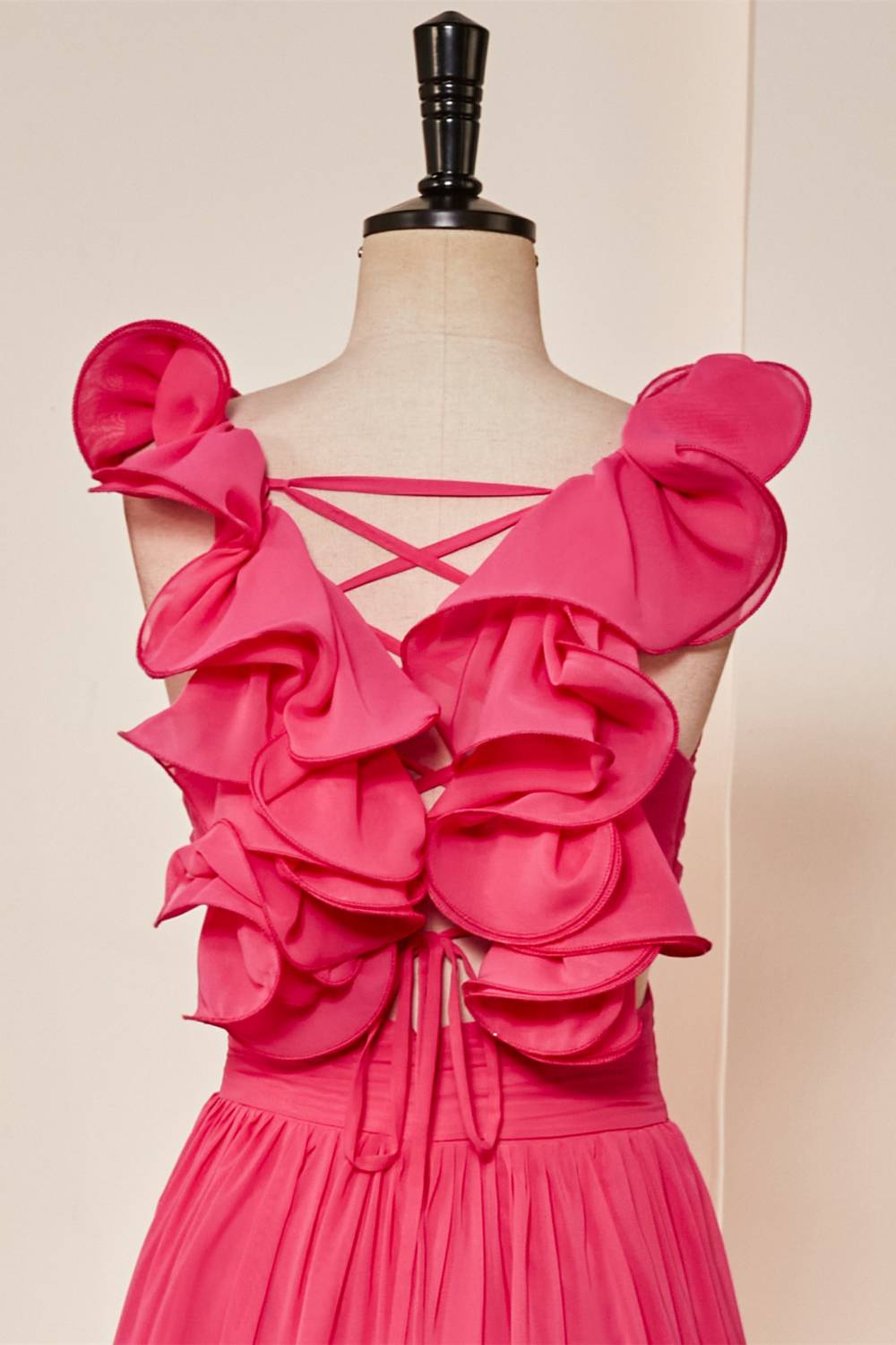 Rose Pink Ruffled Straps Lace-Up Plunging V Long Prom Dress - Joyofdress