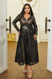 Plus Size A-Line V-Neck Long Sleeves Midi Prom Evening Dress