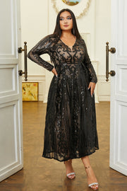 Plus Size A-Line V-Neck Long Sleeves Midi Prom Evening Dress