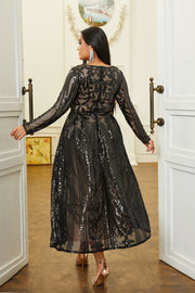 Plus Size A-Line V-Neck Long Sleeves Midi Prom Evening Dress