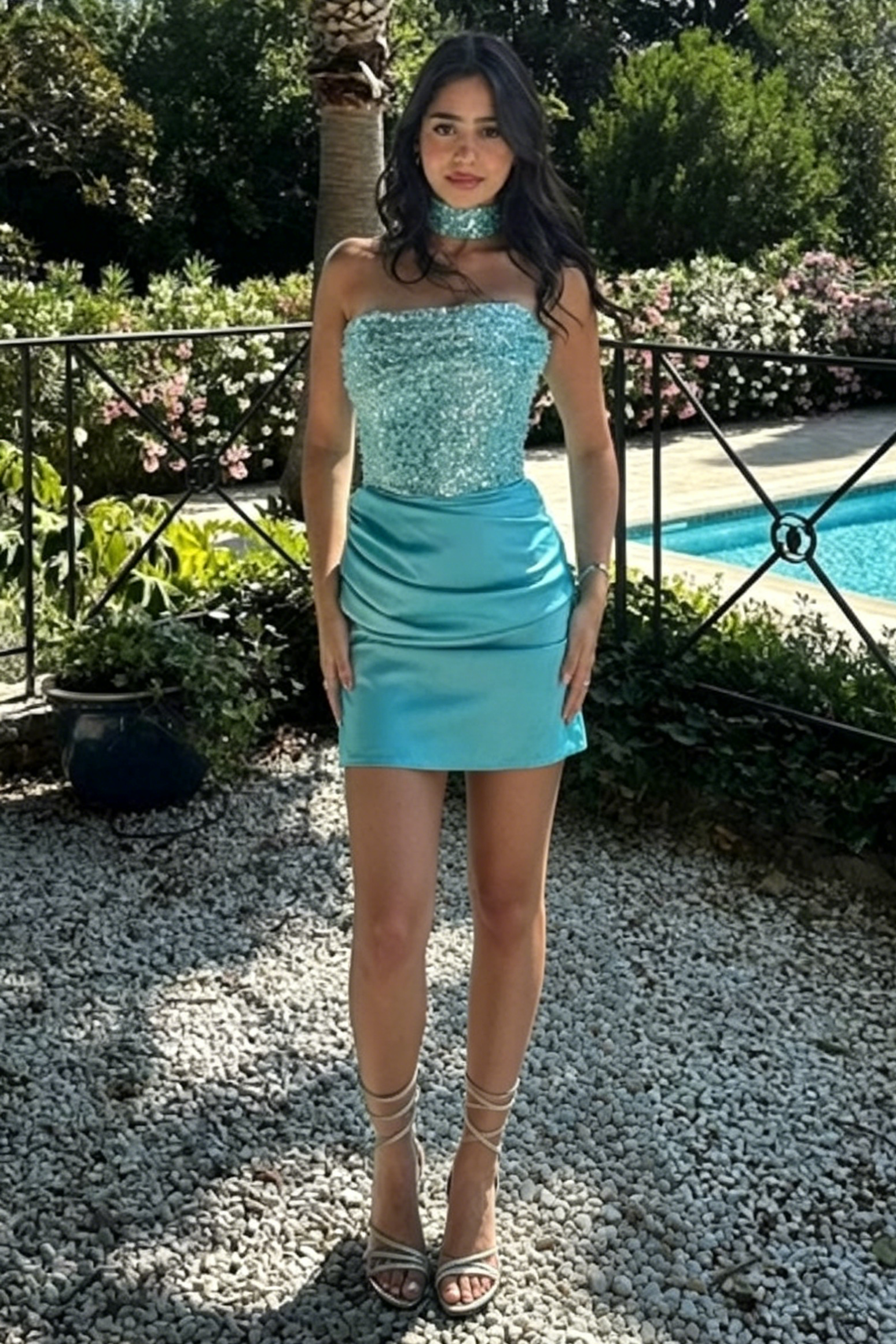 Pool Sequin And Satin Fitted Ruched Empire Mini Homecoming Dress