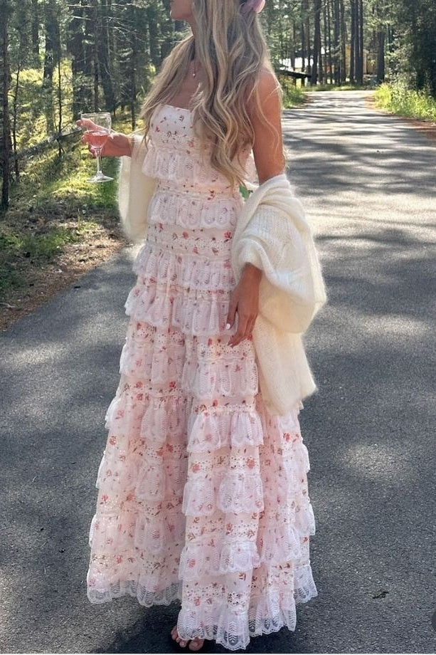 Pretty A-Line Tiered Sleeveless Floral Party Prom Dress