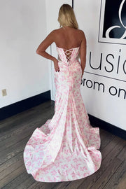 Pretty Floral Satin Mermaid Strapless Party Prom Dress With Train